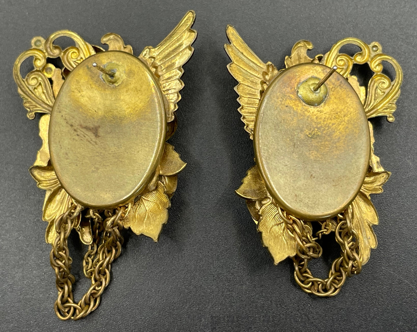Vintage celestial cherub angel large statement earrings for pierced ears, gold tone and faux pearls