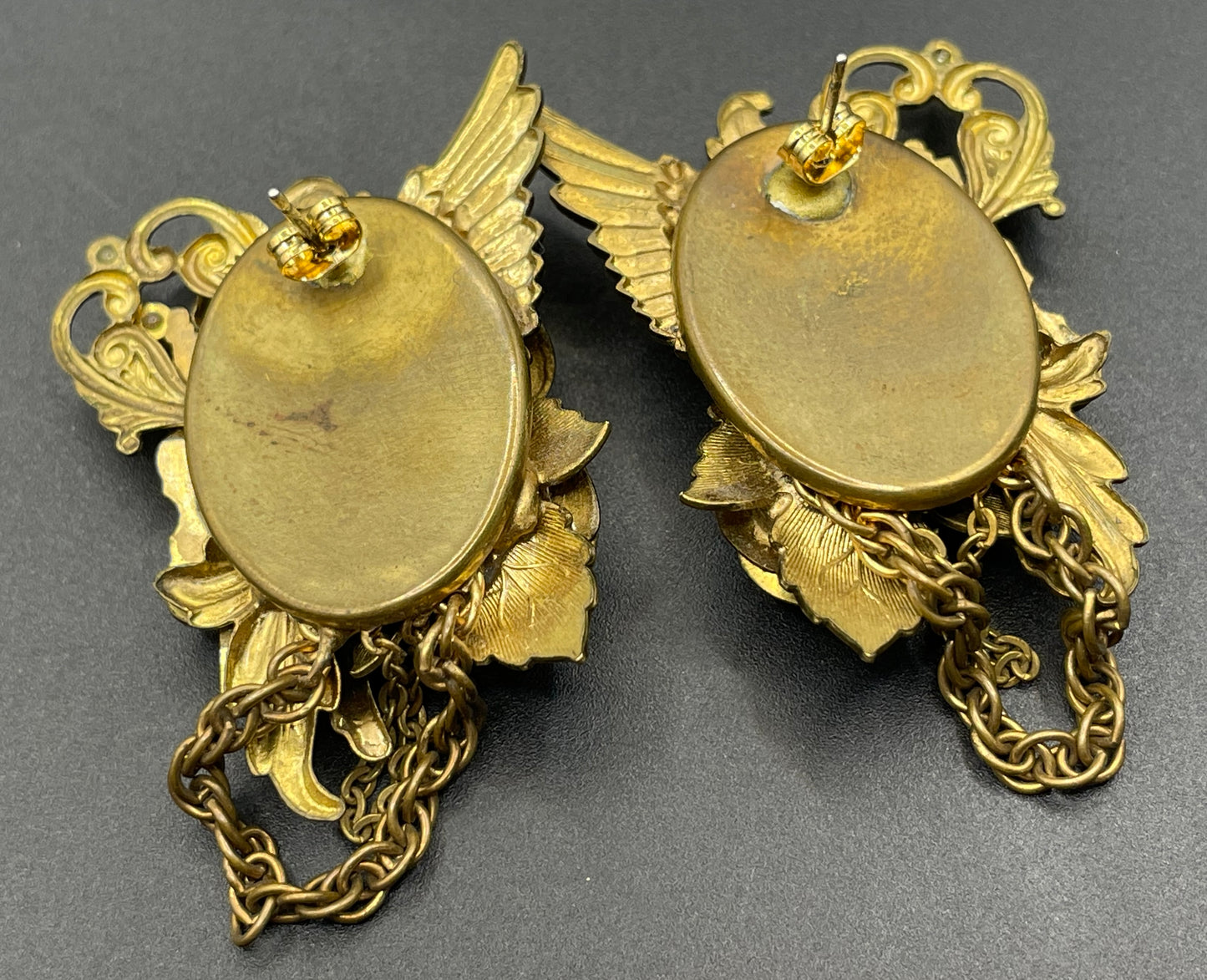 Vintage celestial cherub angel large statement earrings for pierced ears, gold tone and faux pearls