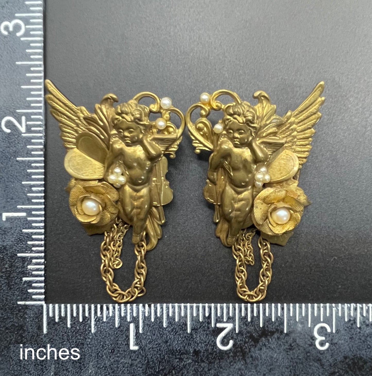 Vintage celestial cherub angel large statement earrings for pierced ears, gold tone and faux pearls
