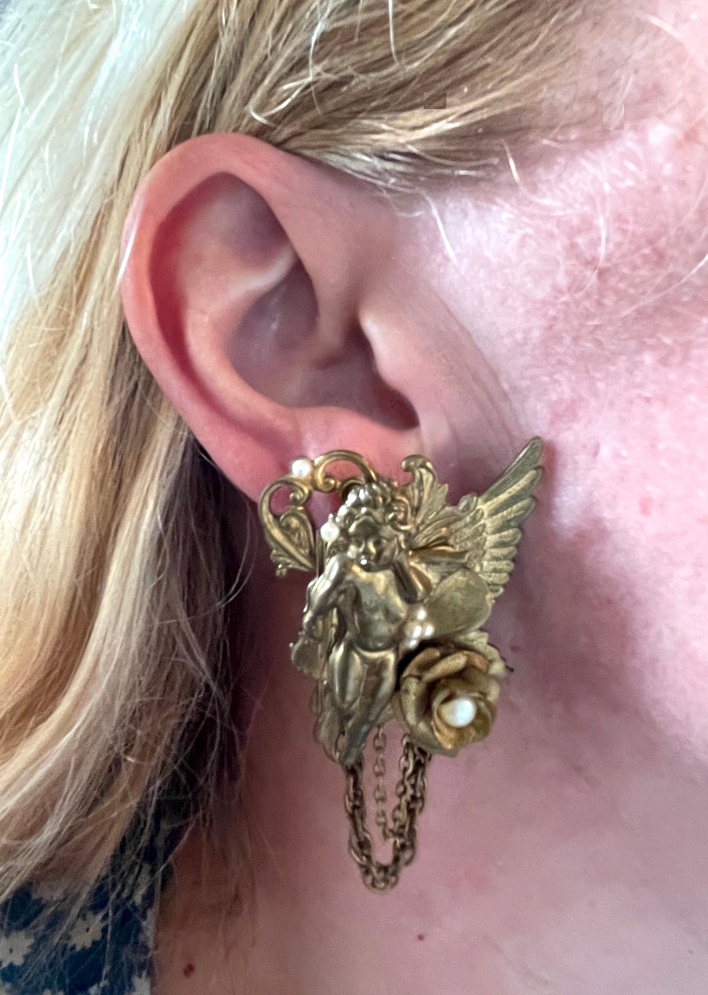 Vintage celestial cherub angel large statement earrings for pierced ears, gold tone and faux pearls