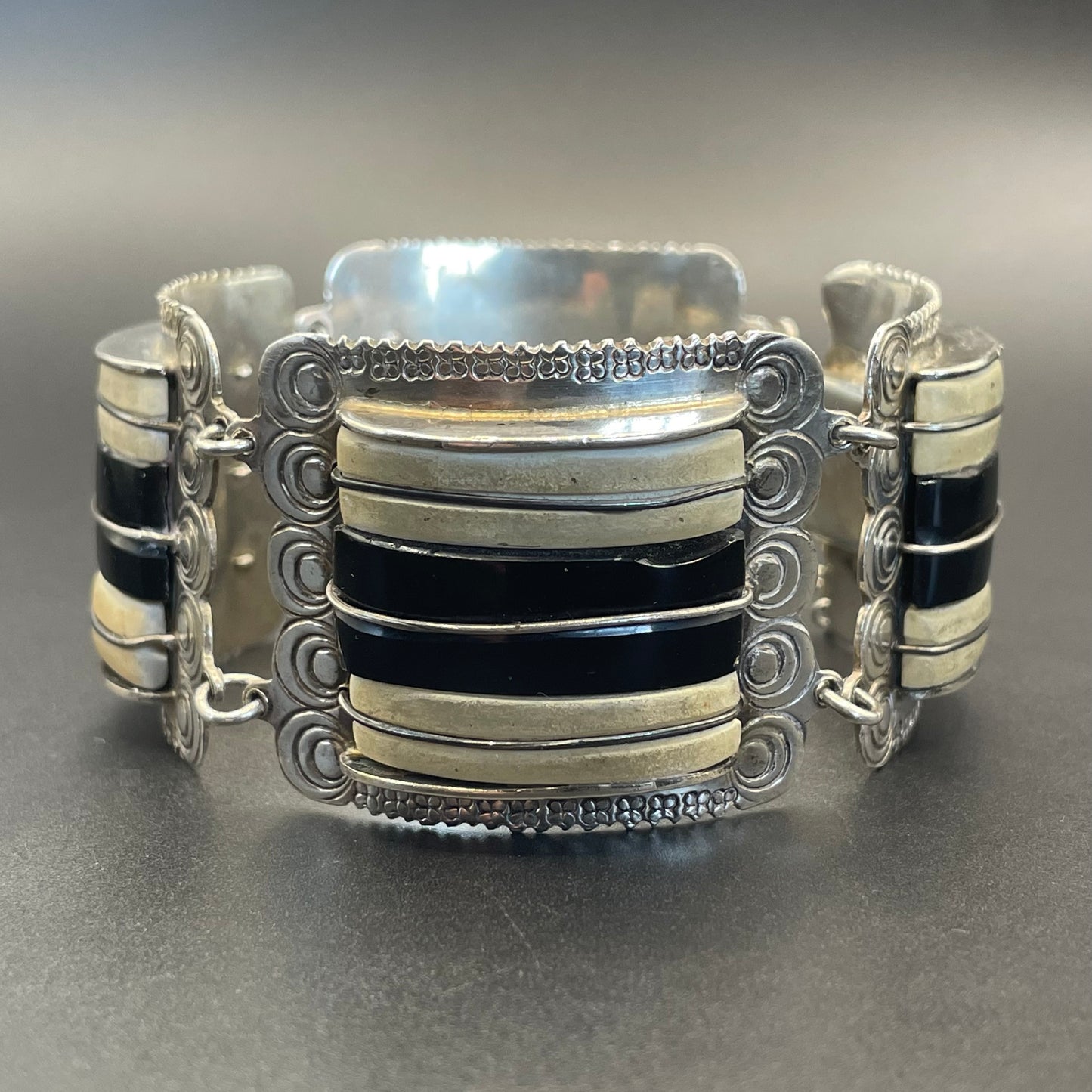 Vintage engraved Mexican sterling silver, heavy Art Deco style panel bracelet with monochrome gemstone cabochons, stamped silver Mexico 110g