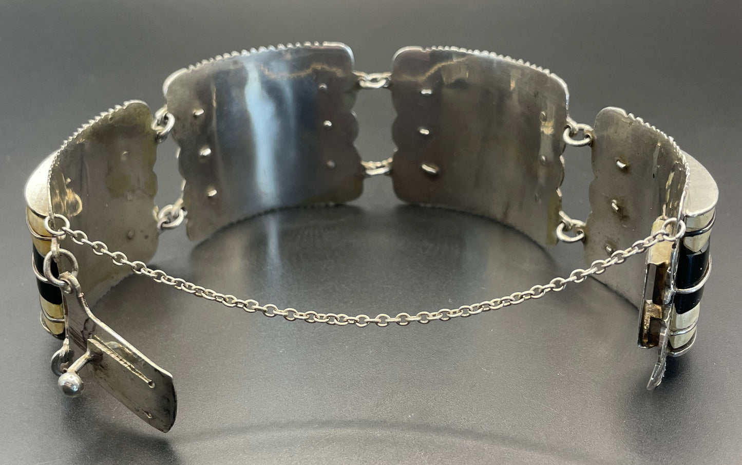 Vintage engraved Mexican sterling silver, heavy Art Deco style panel bracelet with monochrome gemstone cabochons, stamped silver Mexico 110g