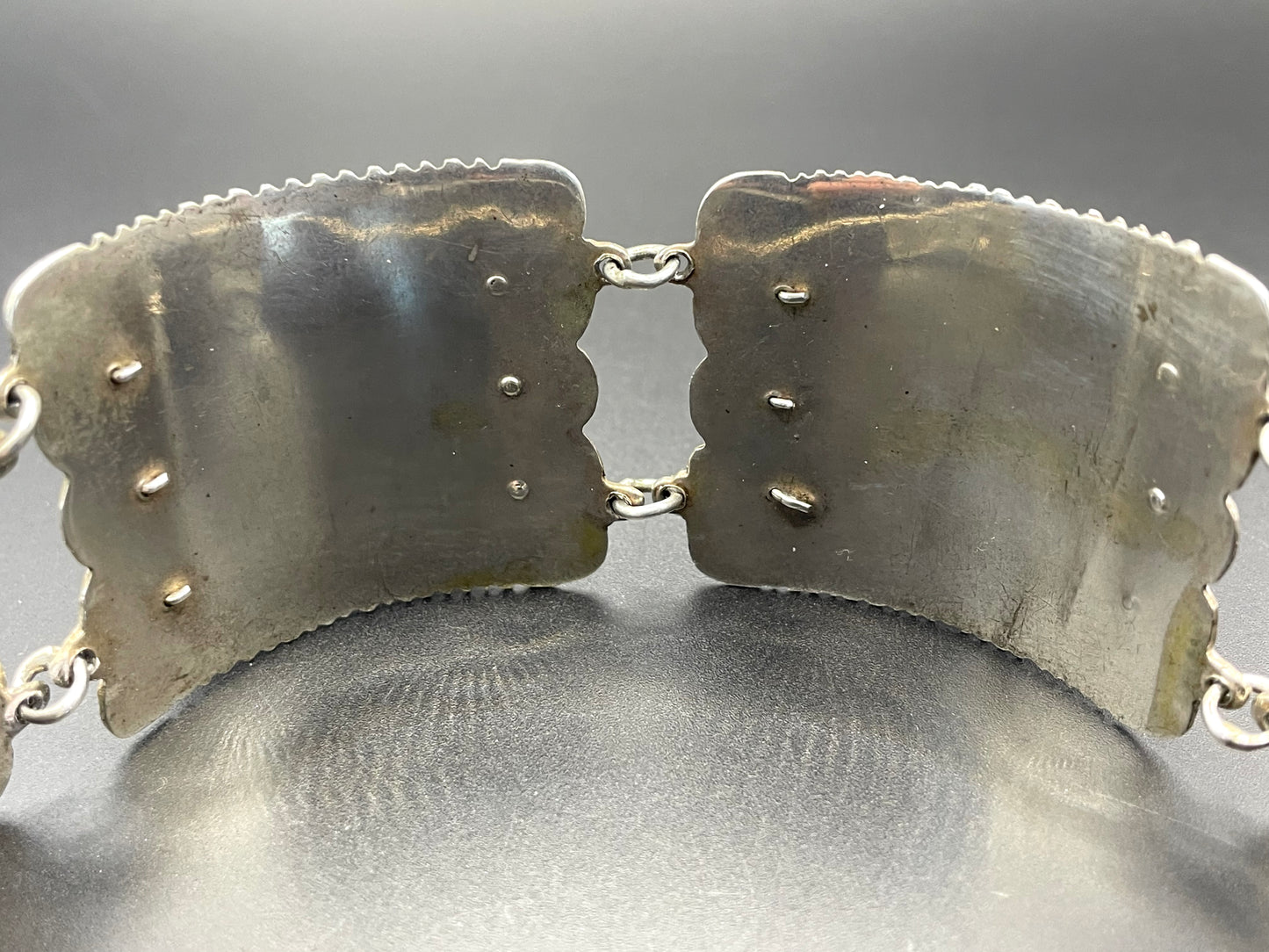 Vintage engraved Mexican sterling silver, heavy Art Deco style panel bracelet with monochrome gemstone cabochons, stamped silver Mexico 110g