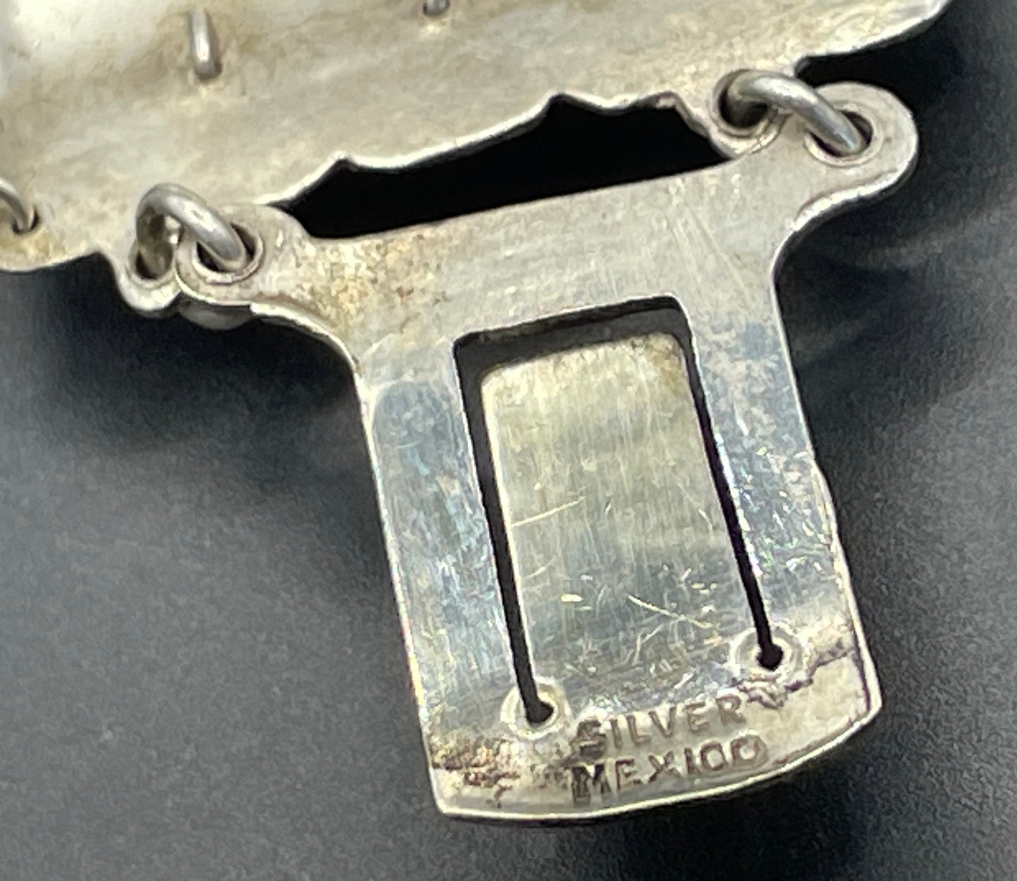 Vintage engraved Mexican sterling silver, heavy Art Deco style panel bracelet with monochrome gemstone cabochons, stamped silver Mexico 110g