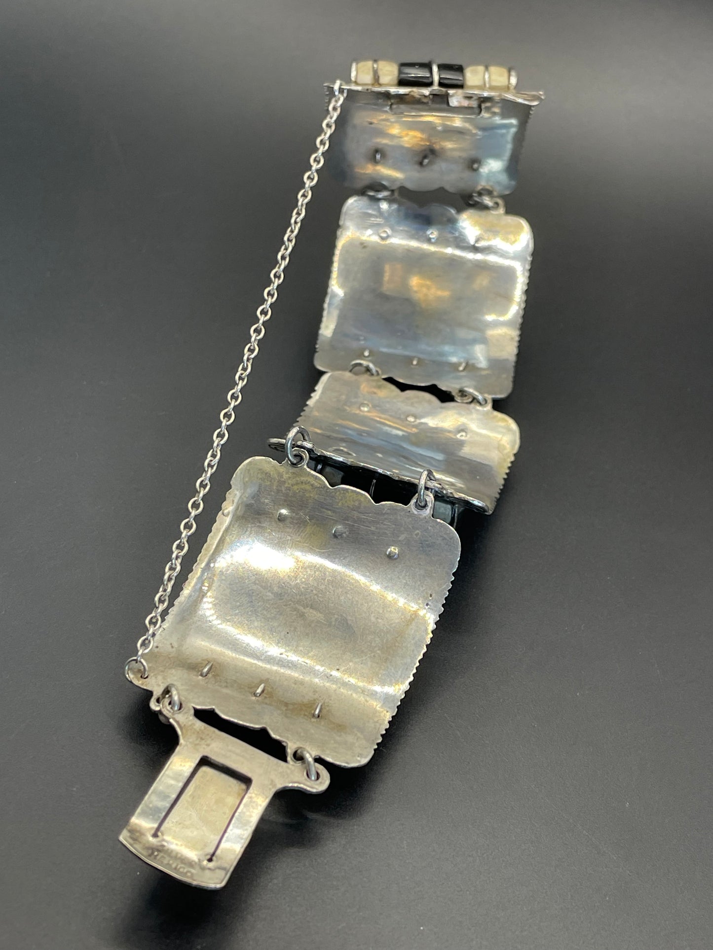 Vintage engraved Mexican sterling silver, heavy Art Deco style panel bracelet with monochrome gemstone cabochons, stamped silver Mexico 110g