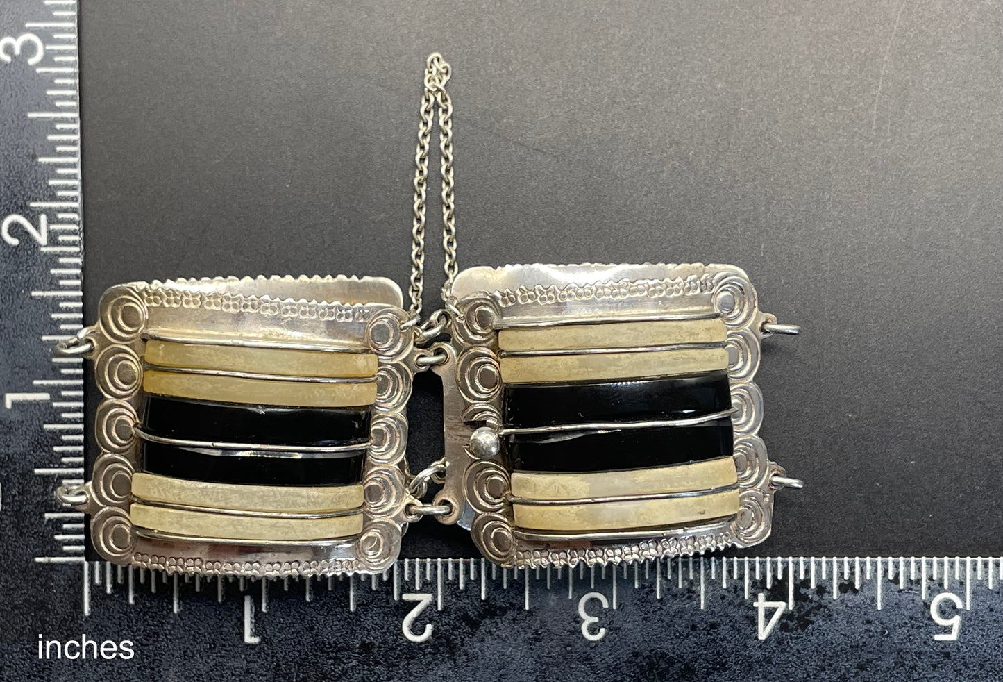 Vintage engraved Mexican sterling silver, heavy Art Deco style panel bracelet with monochrome gemstone cabochons, stamped silver Mexico 110g