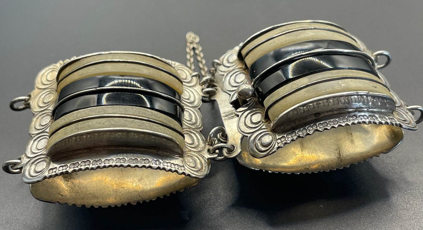Vintage engraved Mexican sterling silver, heavy Art Deco style panel bracelet with monochrome gemstone cabochons, stamped silver Mexico 110g