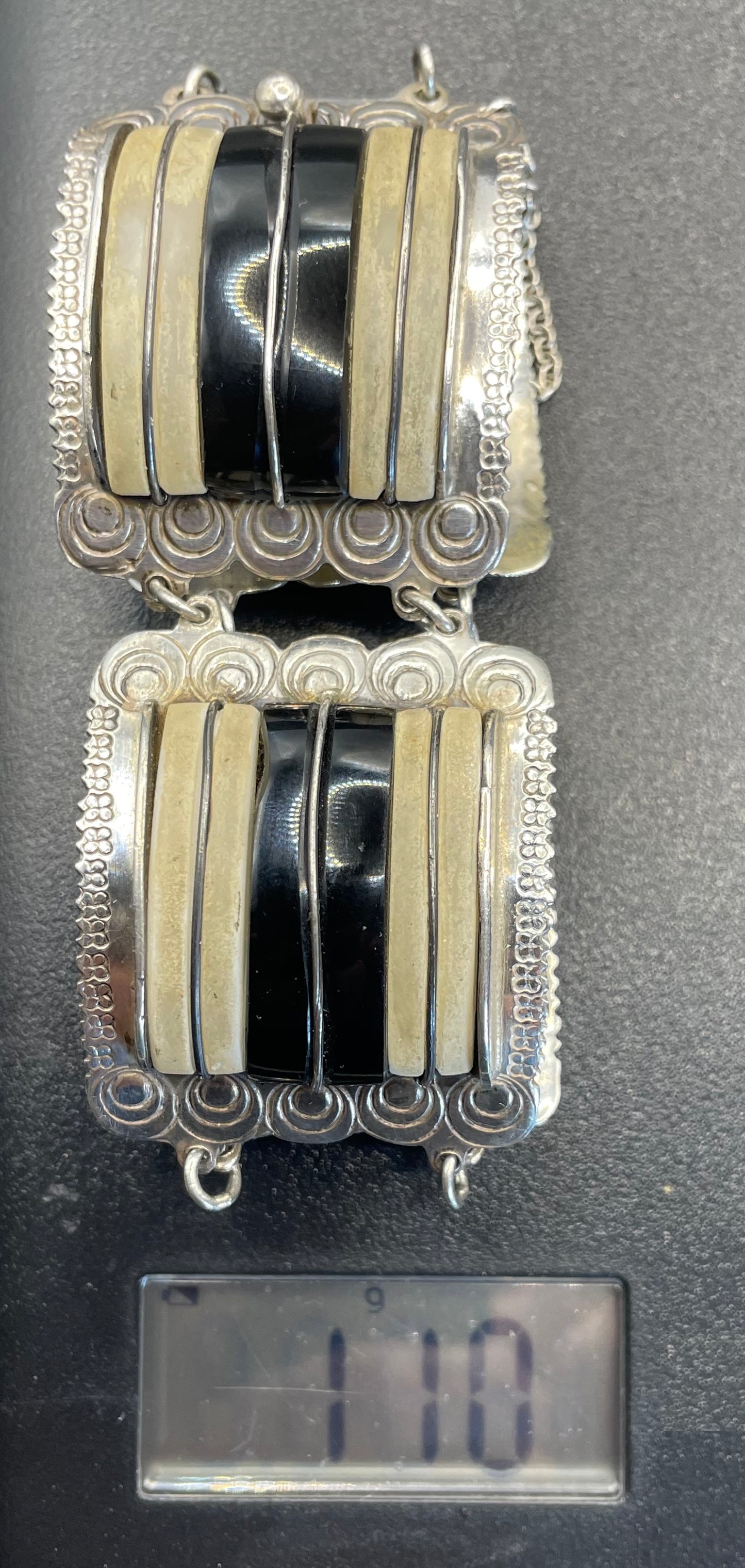 Vintage engraved Mexican sterling silver, heavy Art Deco style panel bracelet with monochrome gemstone cabochons, stamped silver Mexico 110g
