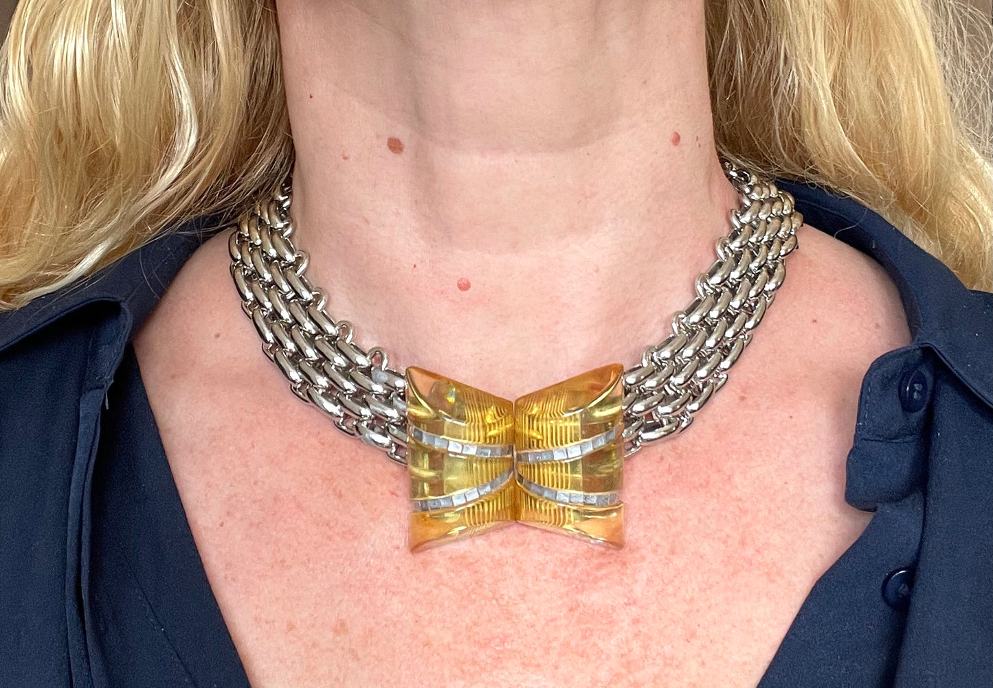 Vintage Art Deco apple juice yellow Bakelite buckle as clasp to silver tone machine age collar necklace