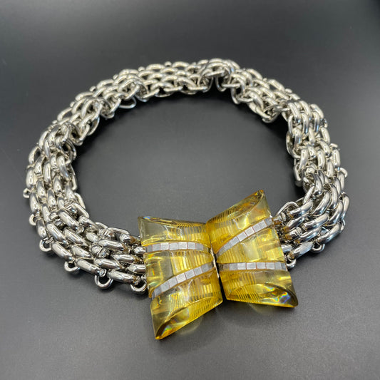 Vintage Art Deco apple juice yellow Bakelite buckle as clasp to silver tone machine age collar necklace