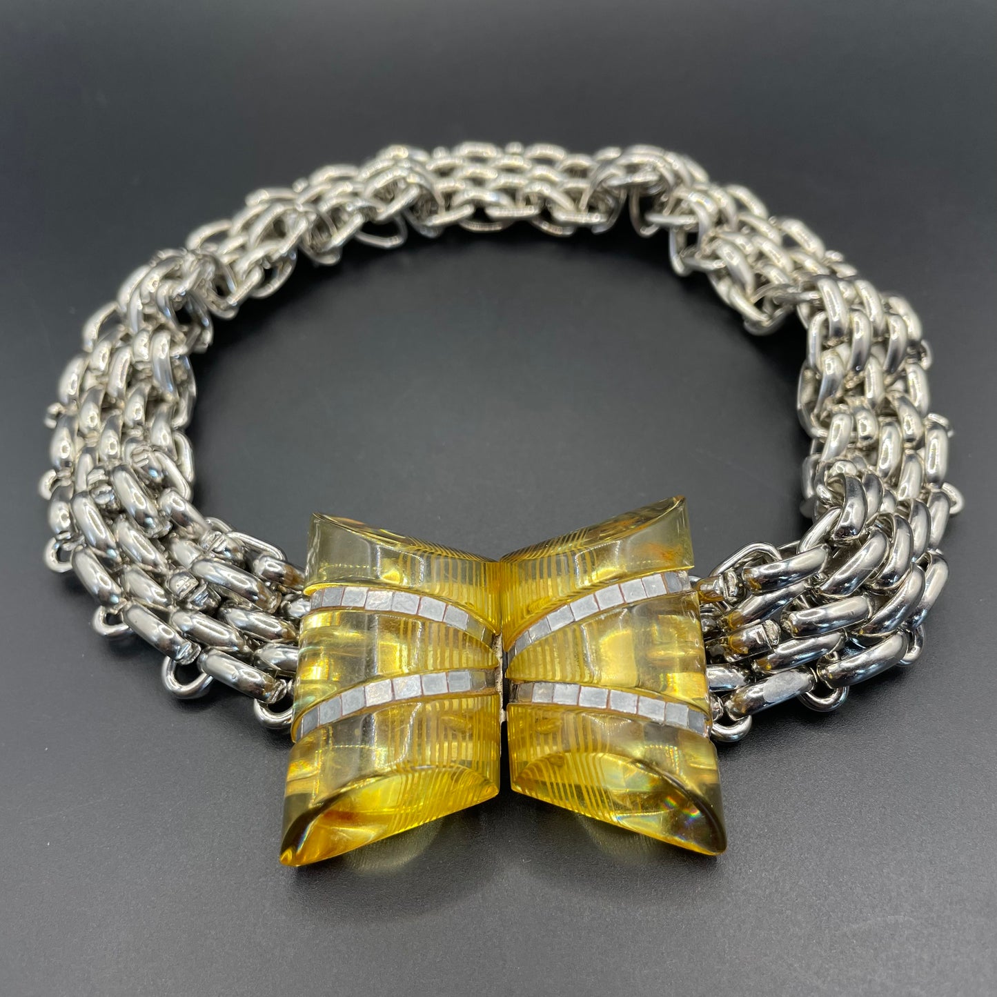 Vintage Art Deco apple juice yellow Bakelite buckle as clasp to silver tone machine age collar necklace