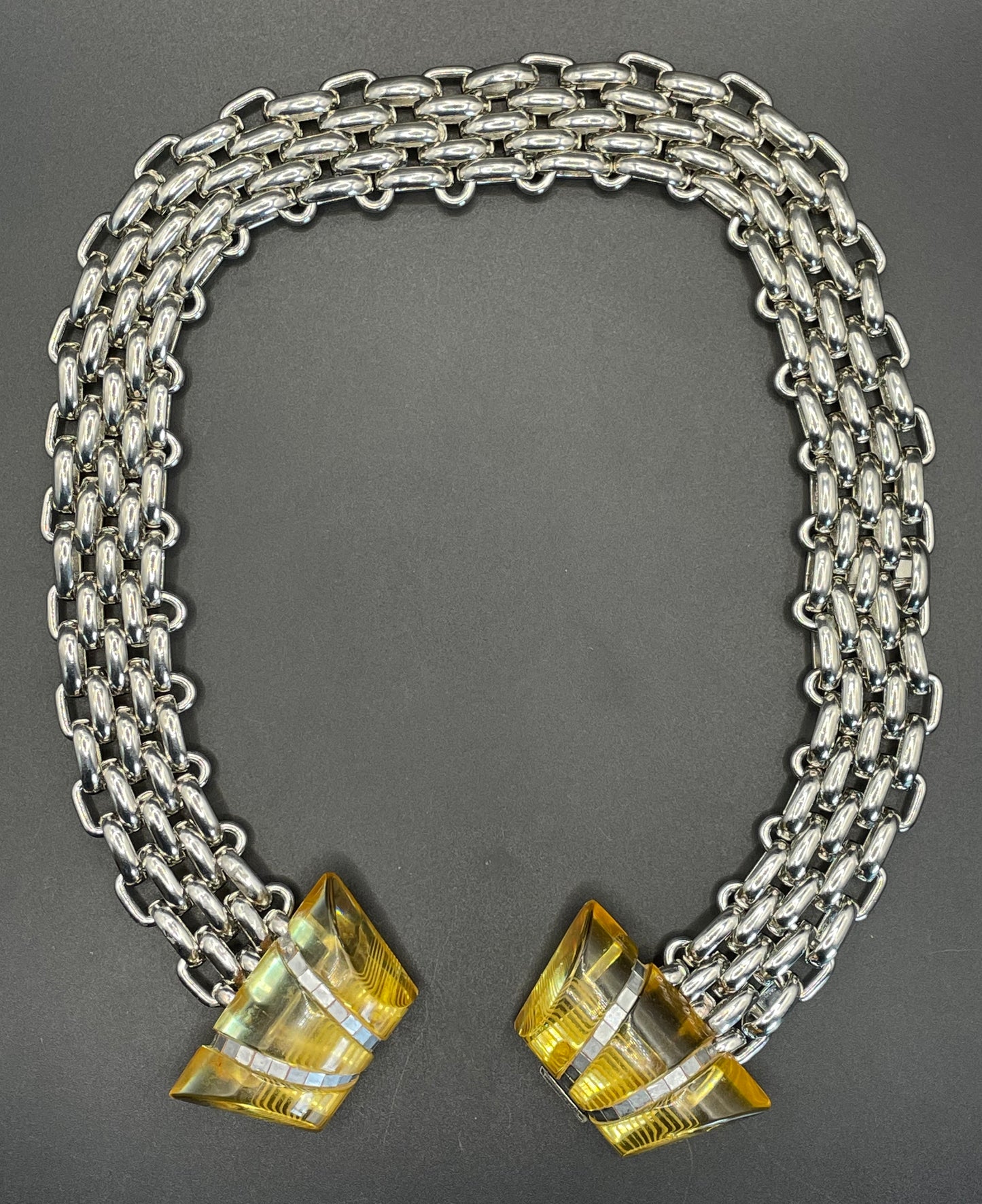 Vintage Art Deco apple juice yellow Bakelite buckle as clasp to silver tone machine age collar necklace