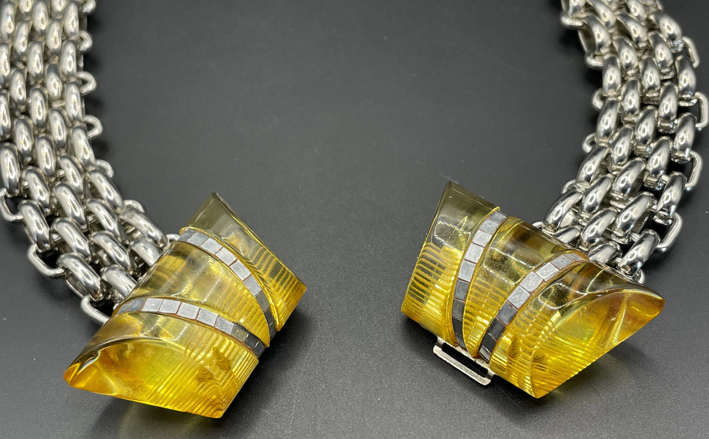 Vintage Art Deco apple juice yellow Bakelite buckle as clasp to silver tone machine age collar necklace