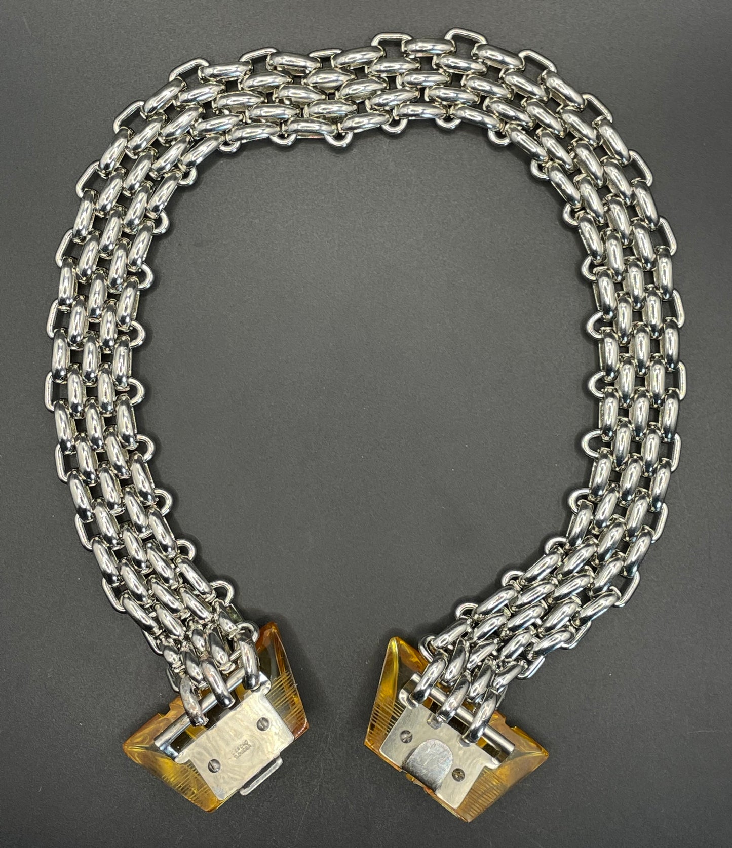 Vintage Art Deco apple juice yellow Bakelite buckle as clasp to silver tone machine age collar necklace