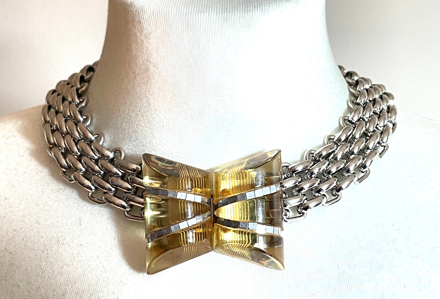 Vintage Art Deco apple juice yellow Bakelite buckle as clasp to silver tone machine age collar necklace