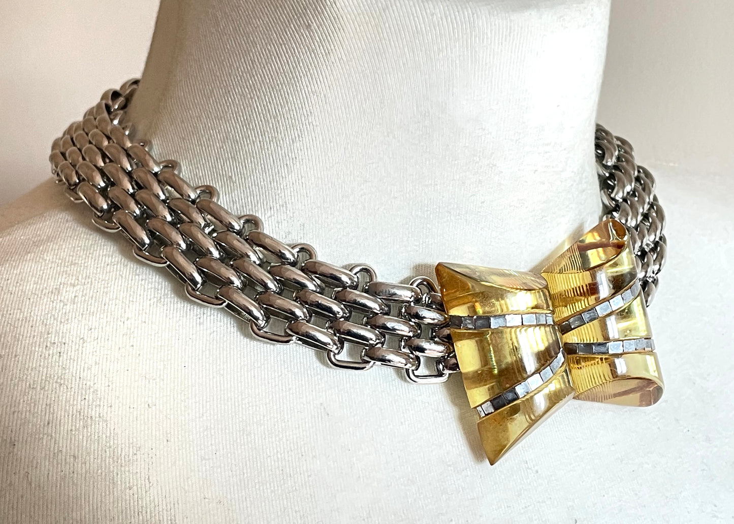 Vintage Art Deco apple juice yellow Bakelite buckle as clasp to silver tone machine age collar necklace