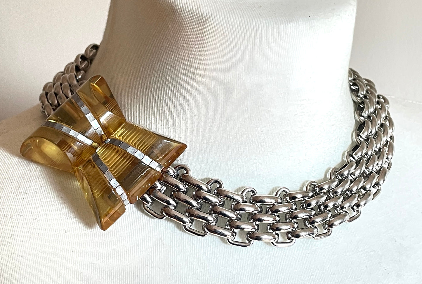 Vintage Art Deco apple juice yellow Bakelite buckle as clasp to silver tone machine age collar necklace