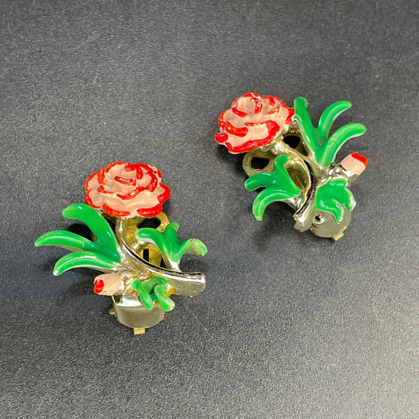 Vintage signed Exquisite carnation clip earrings, birthday flower series, pale gold tone, hand-painted enamel, month of October