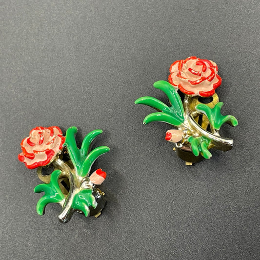 Vintage signed Exquisite carnation clip earrings, birthday flower series, pale gold tone, hand-painted enamel, month of October
