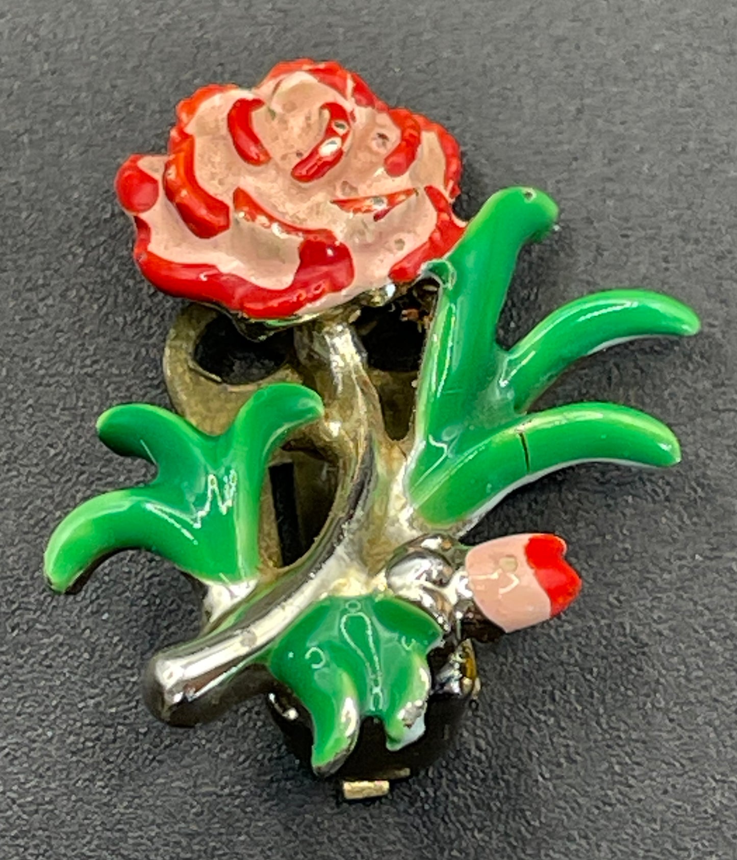 Vintage signed Exquisite carnation clip earrings, birthday flower series, pale gold tone, hand-painted enamel, month of October