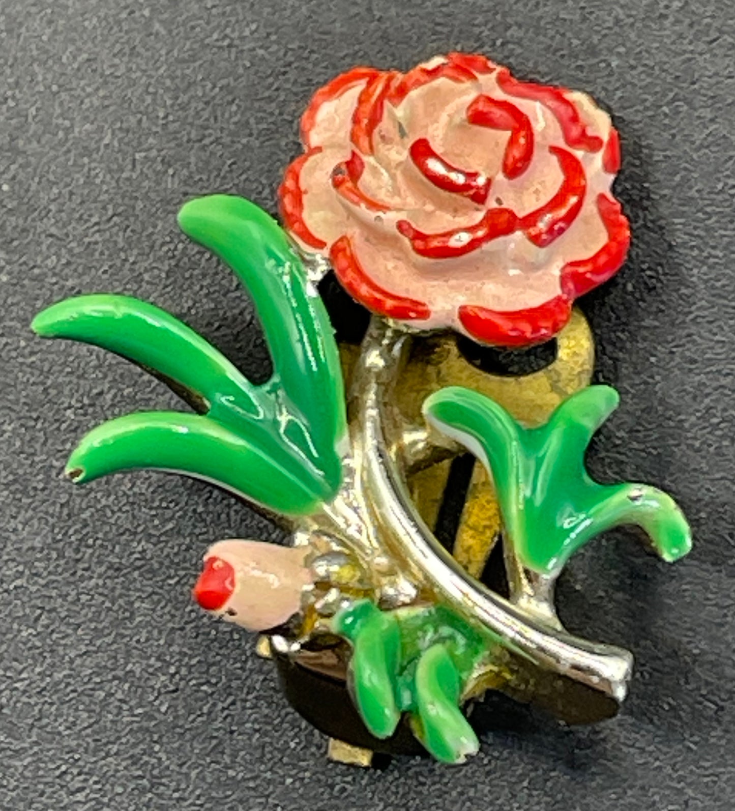 Vintage signed Exquisite carnation clip earrings, birthday flower series, pale gold tone, hand-painted enamel, month of October