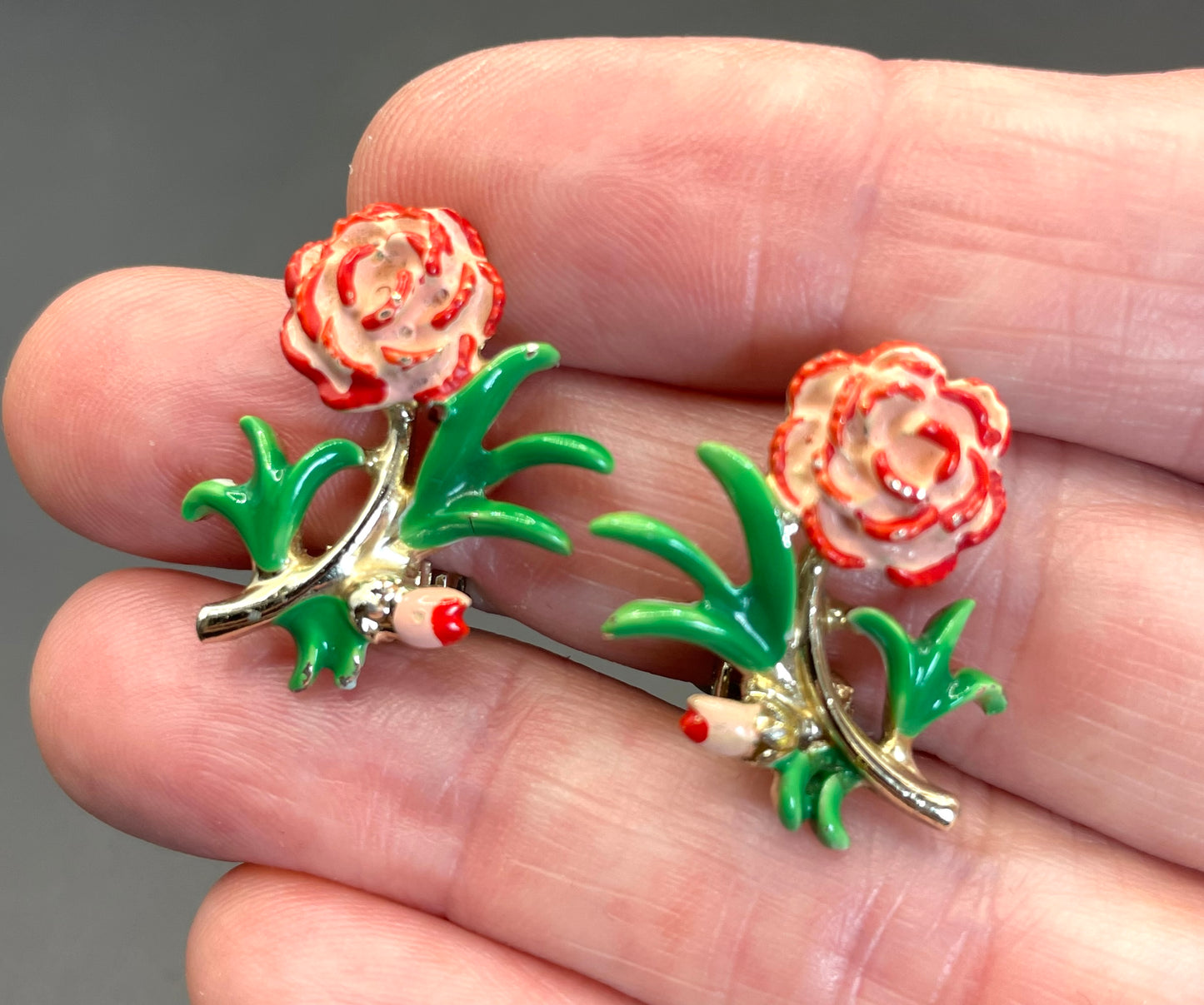 Vintage signed Exquisite carnation clip earrings, birthday flower series, pale gold tone, hand-painted enamel, month of October