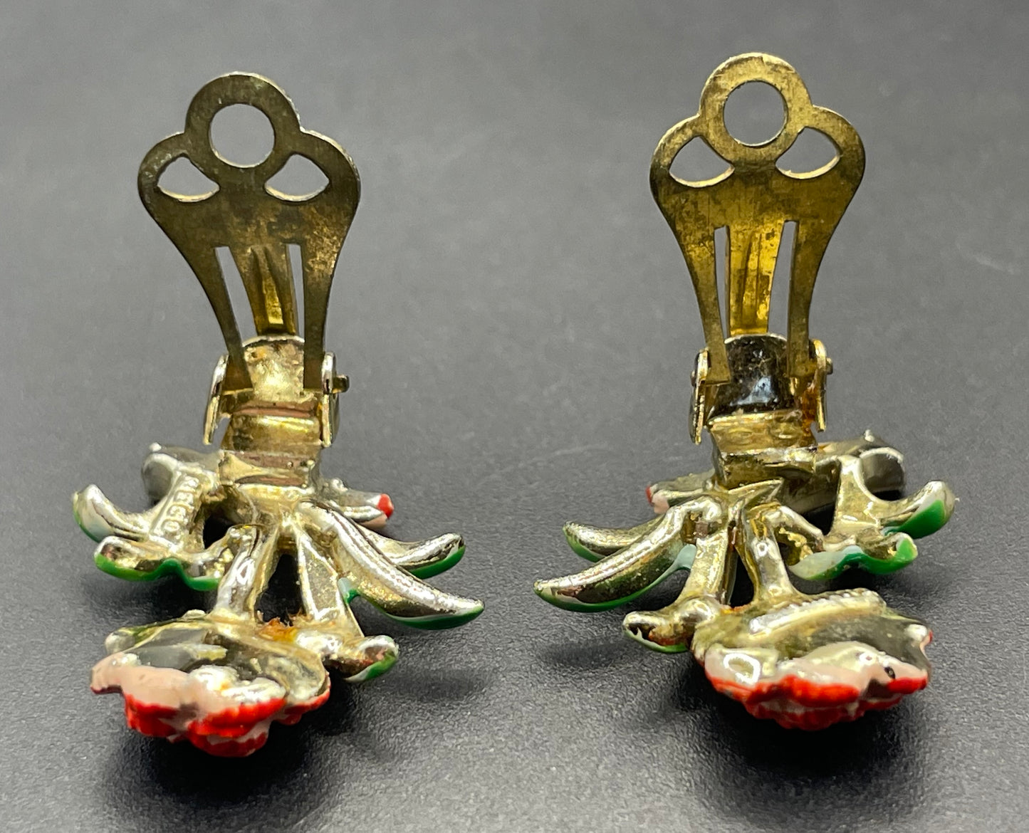Vintage signed Exquisite carnation clip earrings, birthday flower series, pale gold tone, hand-painted enamel, month of October