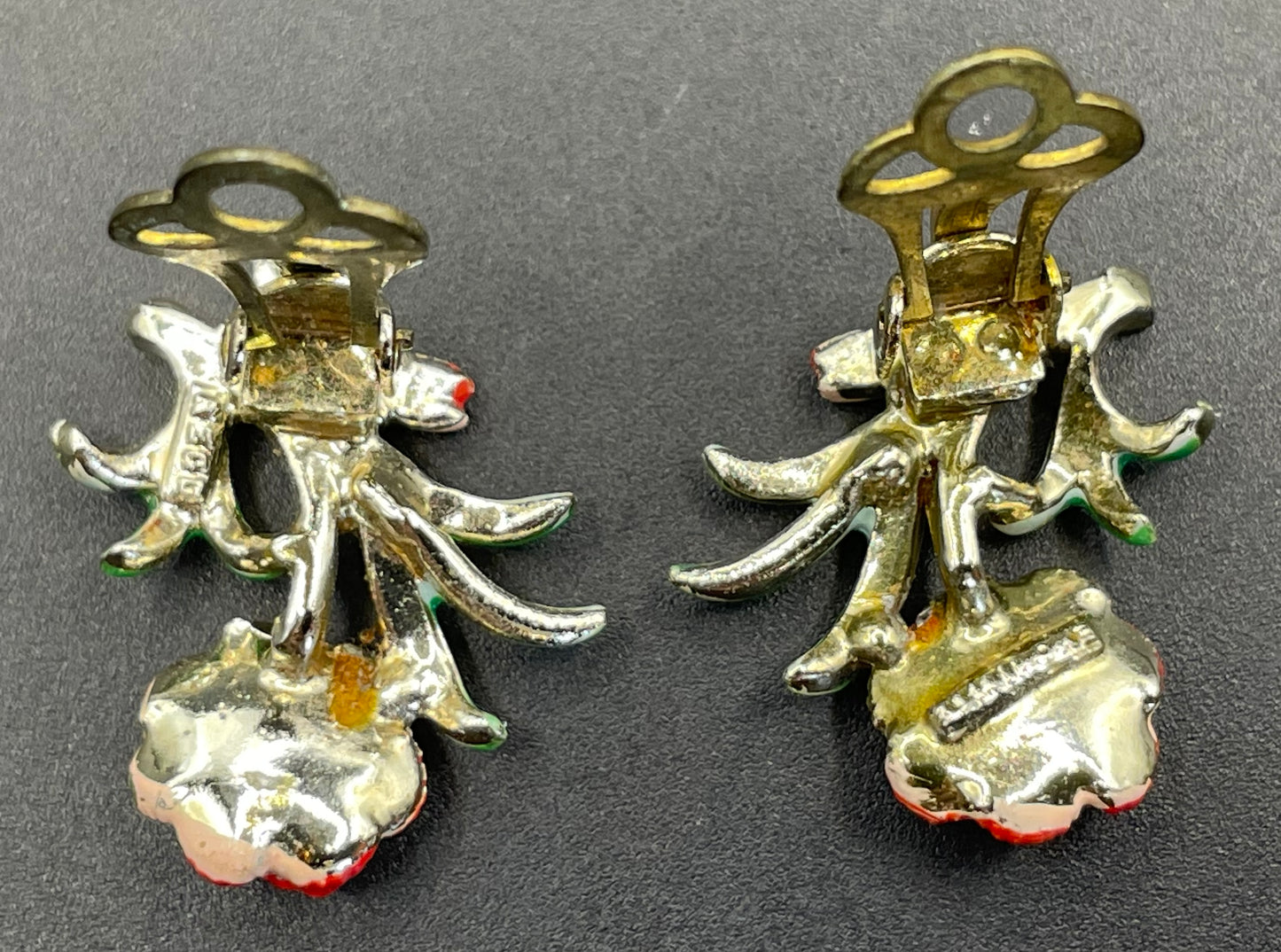 Vintage signed Exquisite carnation clip earrings, birthday flower series, pale gold tone, hand-painted enamel, month of October