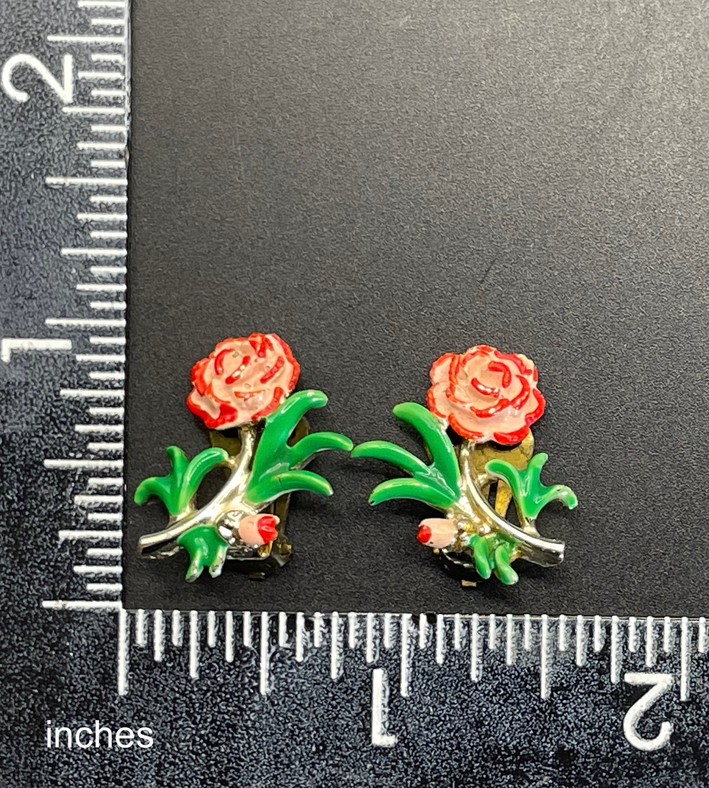 Vintage signed Exquisite carnation clip earrings, birthday flower series, pale gold tone, hand-painted enamel, month of October