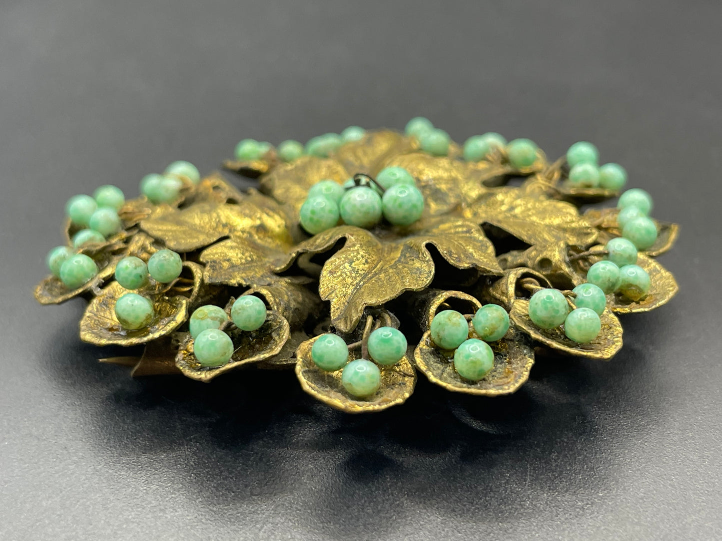 Large Neiger vintage brooch - green coloured glass wired beads and pretty gold tone leaf design, filigree back