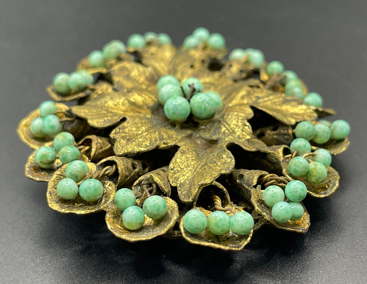 Large Neiger vintage brooch - green coloured glass wired beads and pretty gold tone leaf design, filigree back