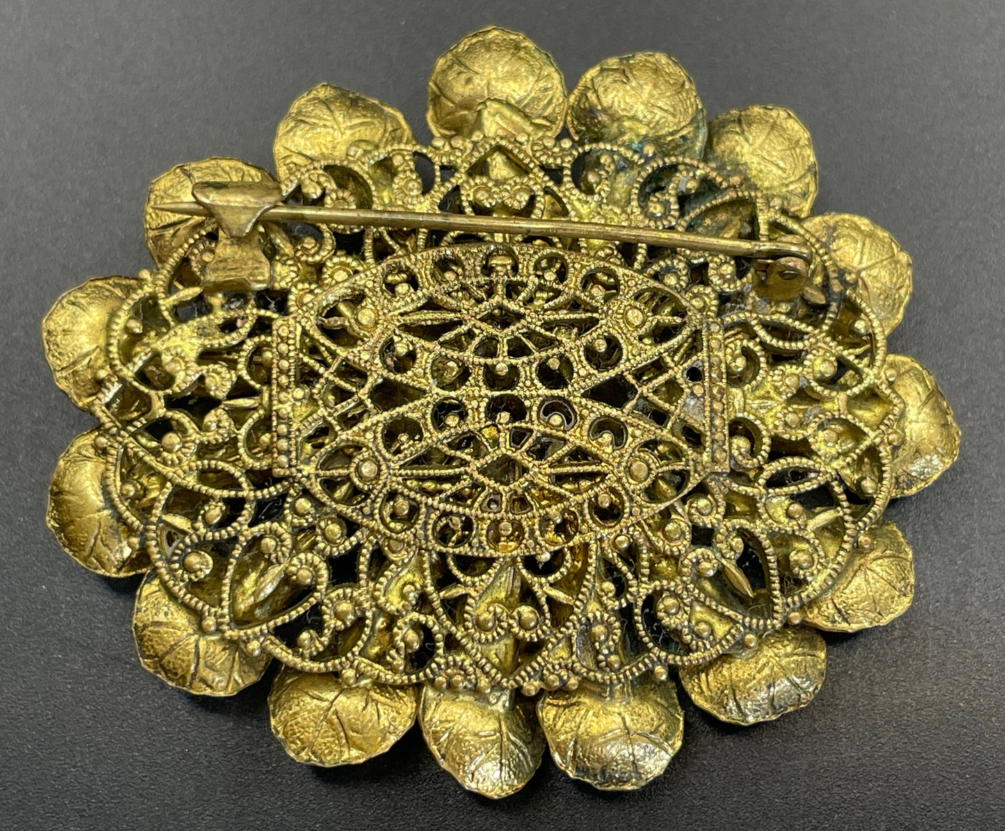 Large Neiger vintage brooch - green coloured glass wired beads and pretty gold tone leaf design, filigree back