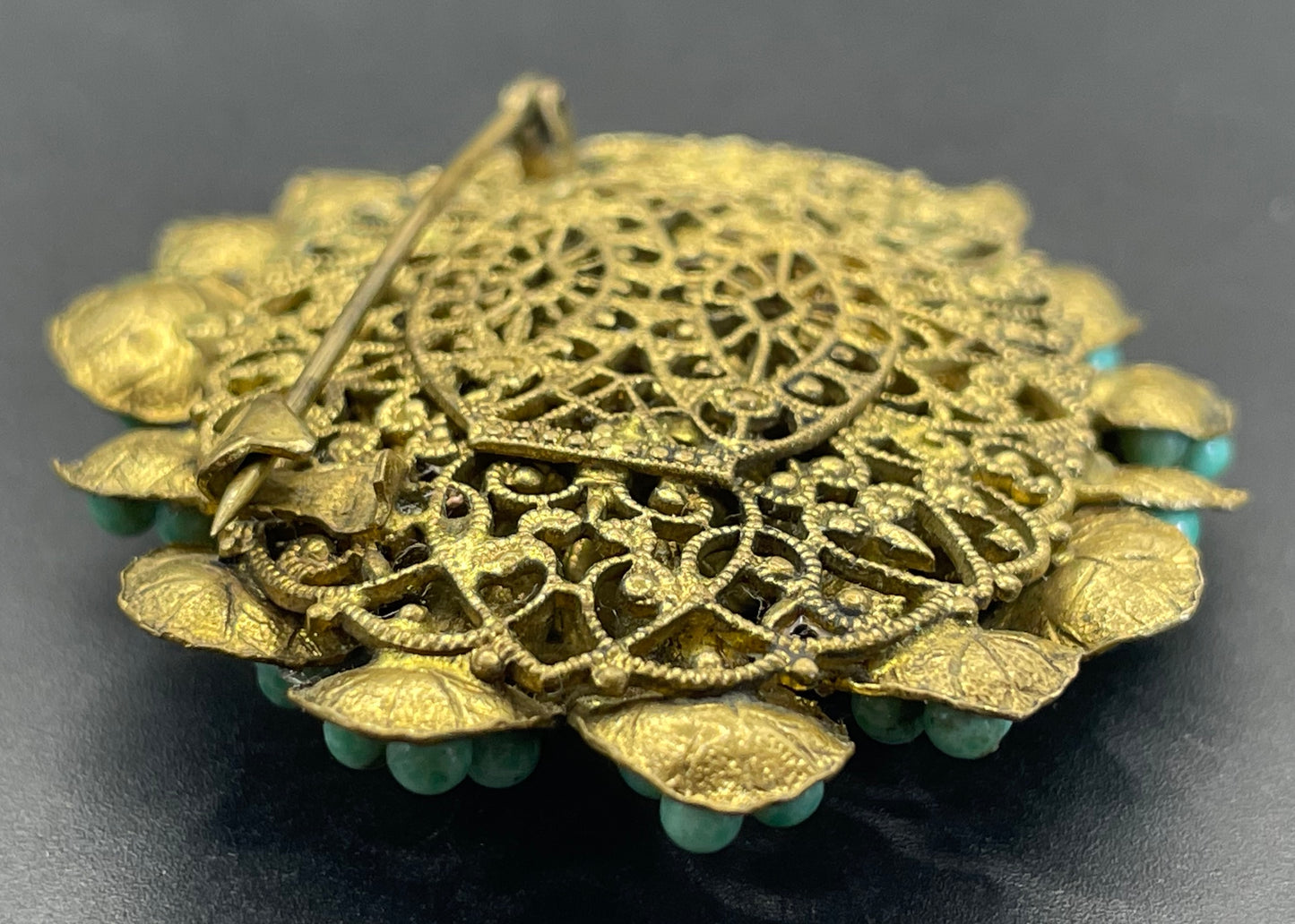 Large Neiger vintage brooch - green coloured glass wired beads and pretty gold tone leaf design, filigree back