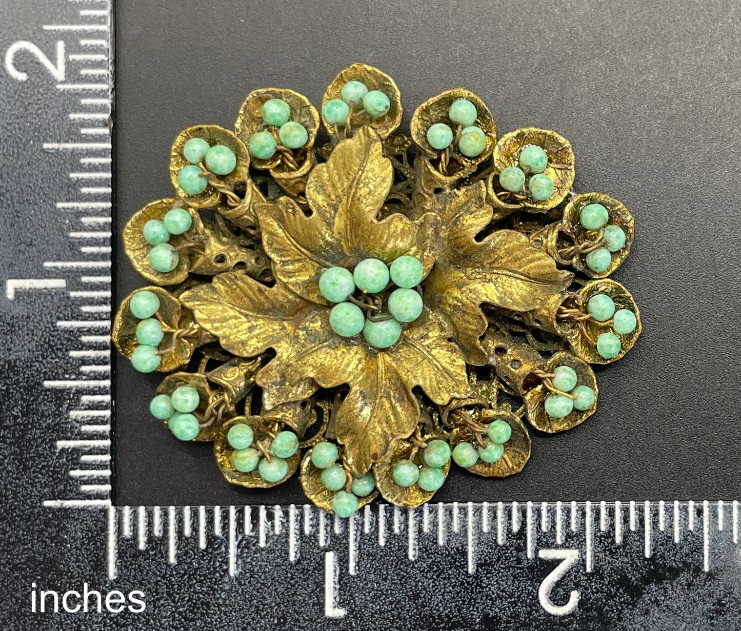Large Neiger vintage brooch - green coloured glass wired beads and pretty gold tone leaf design, filigree back