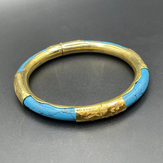 Beautiful Vintage Chinese engraved gold plated and blue turquoise inset hinged Mandarin bangle