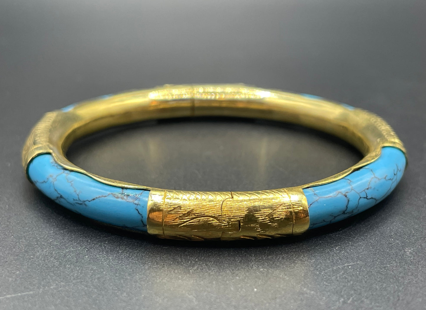 Beautiful Vintage Chinese engraved gold plated and blue turquoise inset hinged Mandarin bangle