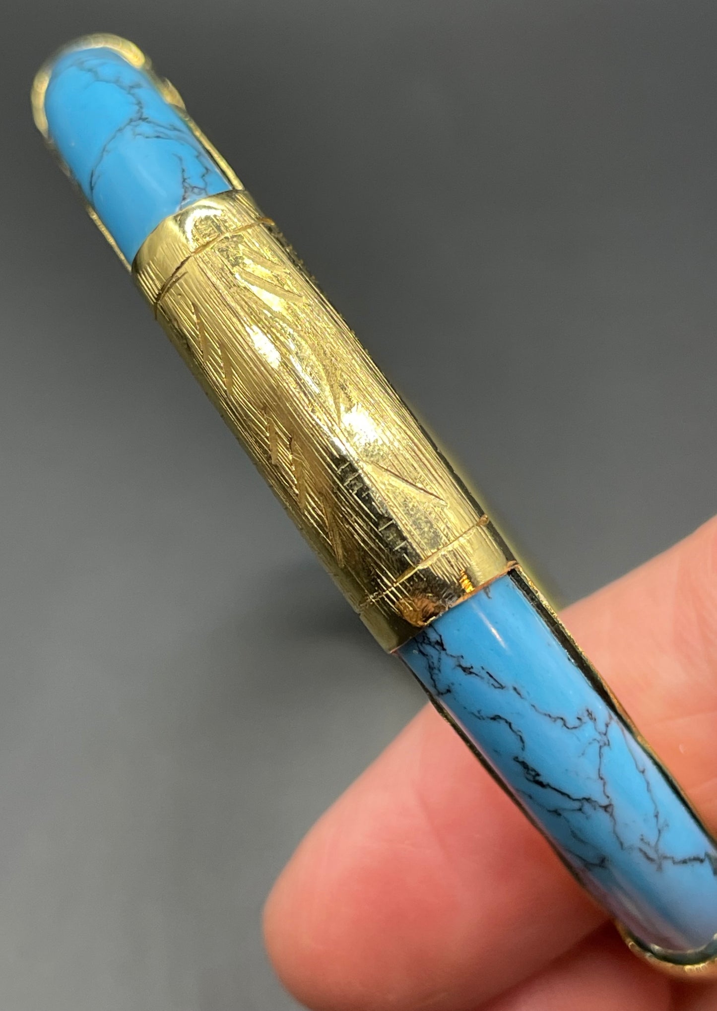 Beautiful Vintage Chinese engraved gold plated and blue turquoise inset hinged Mandarin bangle