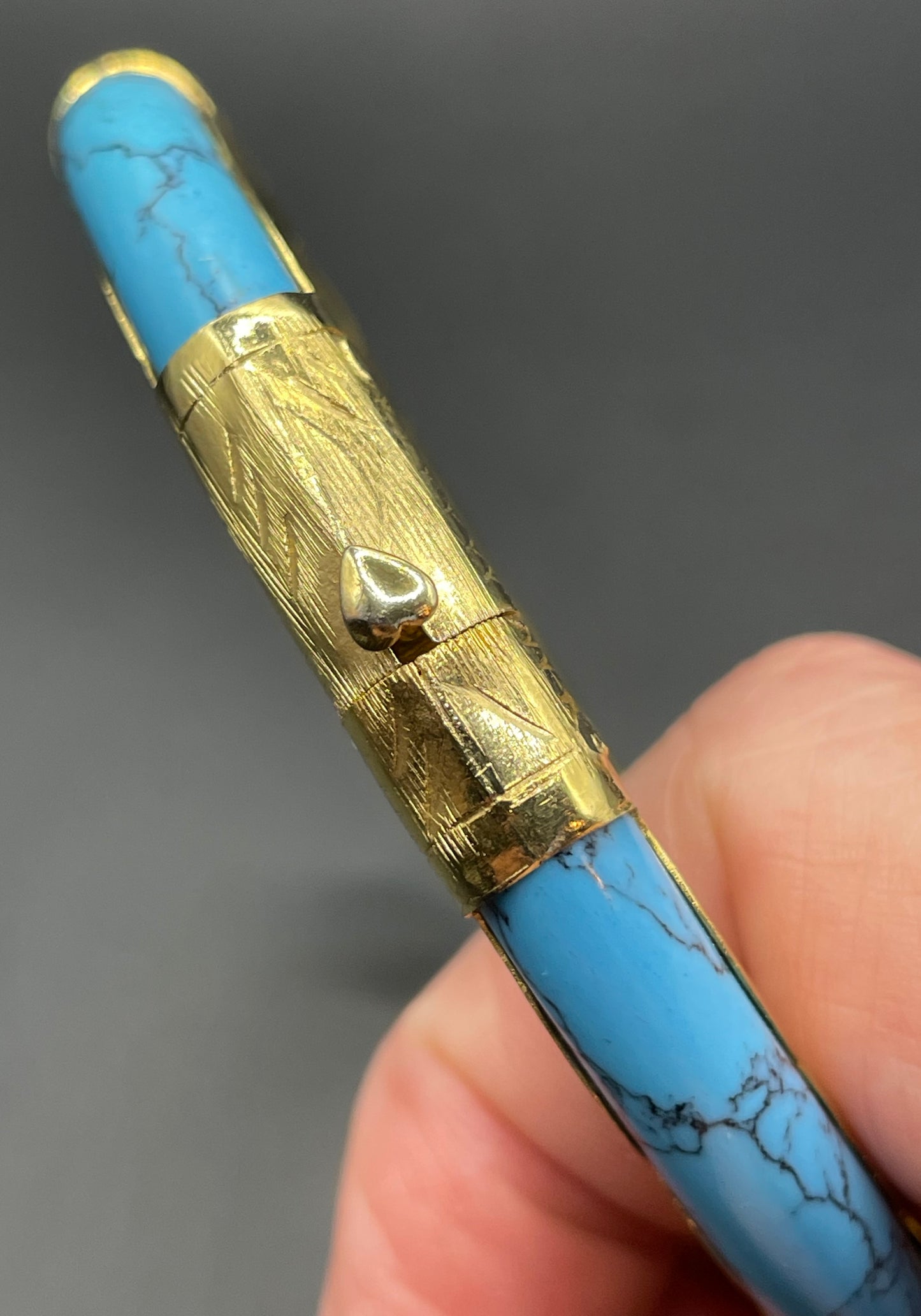 Beautiful Vintage Chinese engraved gold plated and blue turquoise inset hinged Mandarin bangle