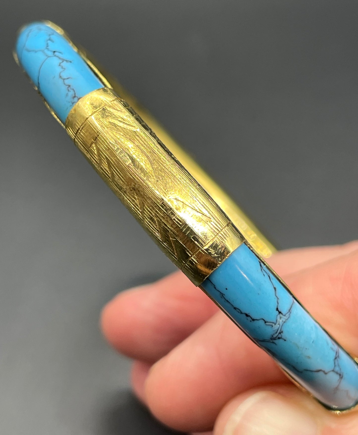 Beautiful Vintage Chinese engraved gold plated and blue turquoise inset hinged Mandarin bangle