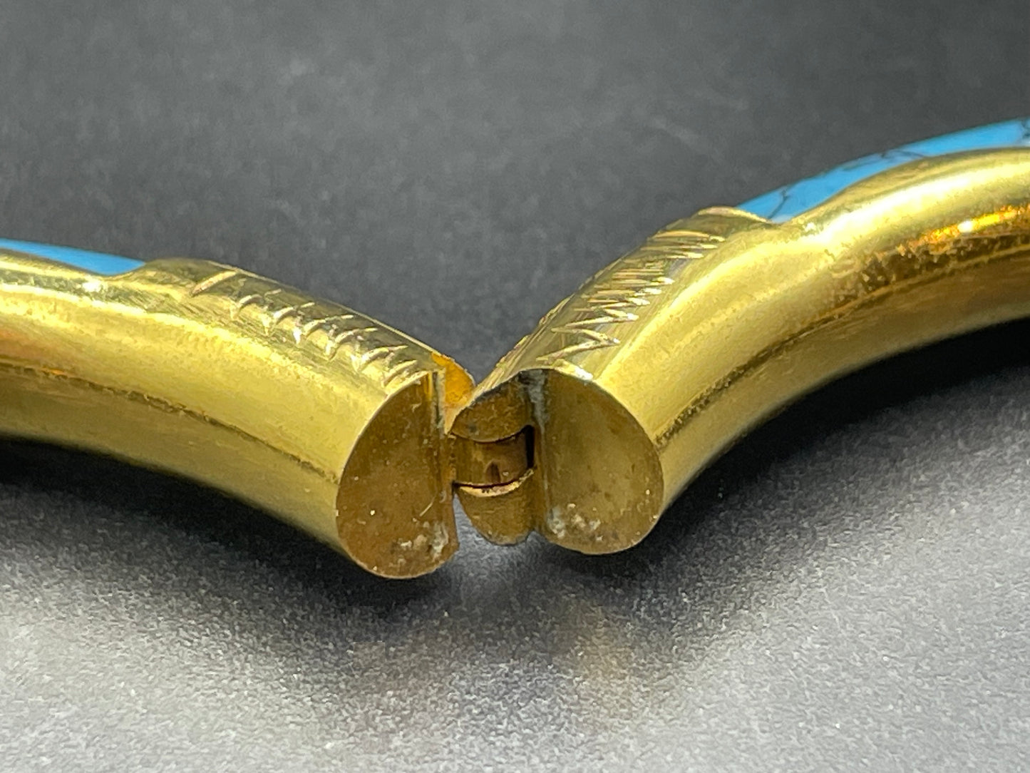 Beautiful Vintage Chinese engraved gold plated and blue turquoise inset hinged Mandarin bangle