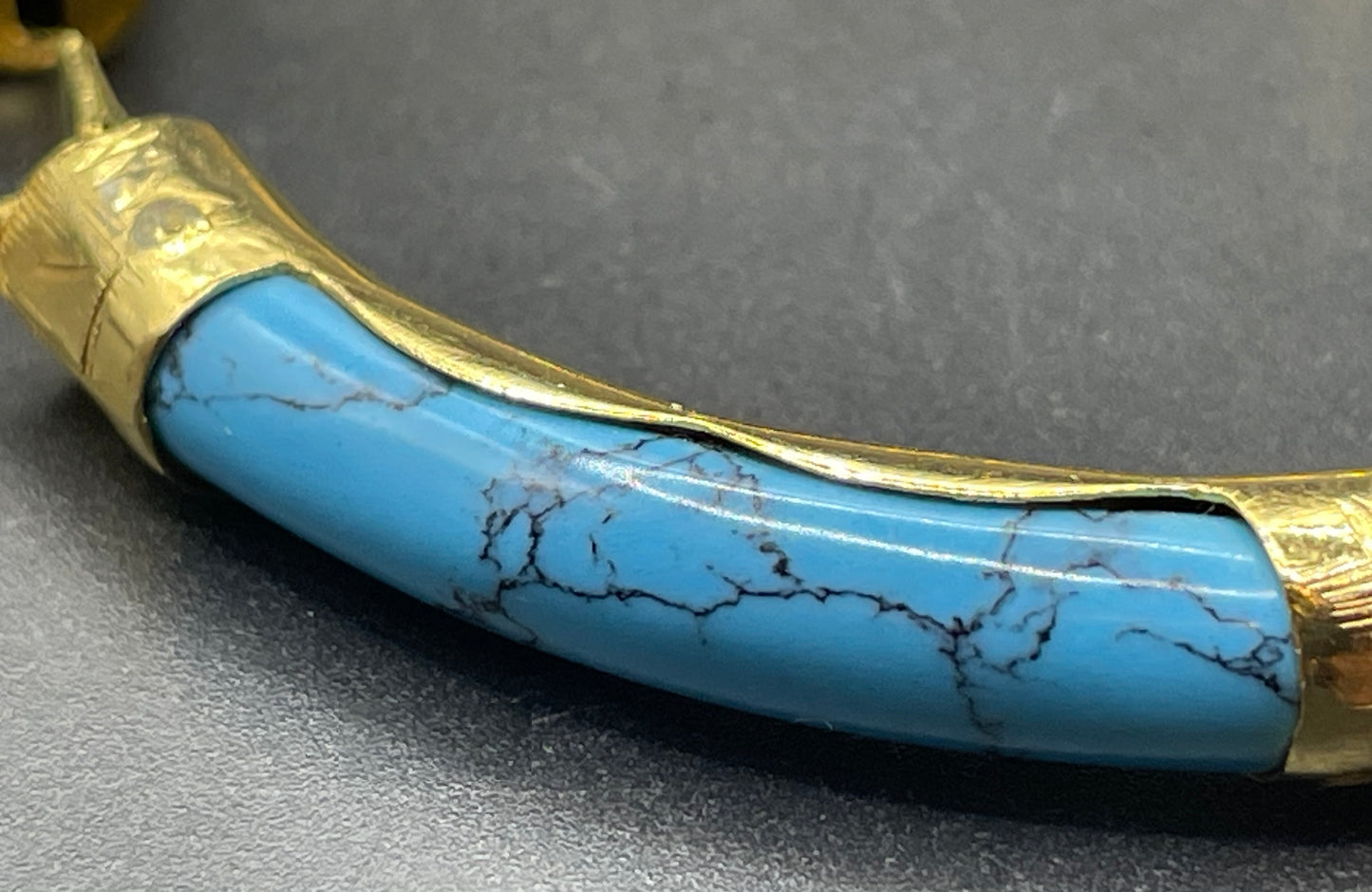 Beautiful Vintage Chinese engraved gold plated and blue turquoise inset hinged Mandarin bangle
