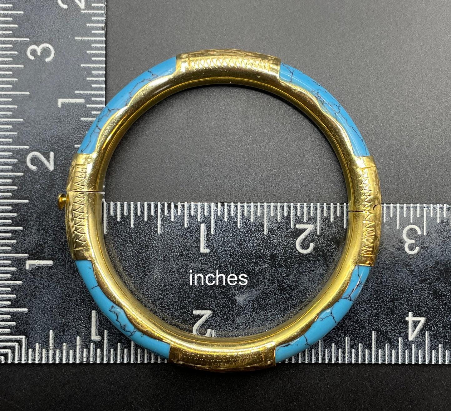 Beautiful Vintage Chinese engraved gold plated and blue turquoise inset hinged Mandarin bangle