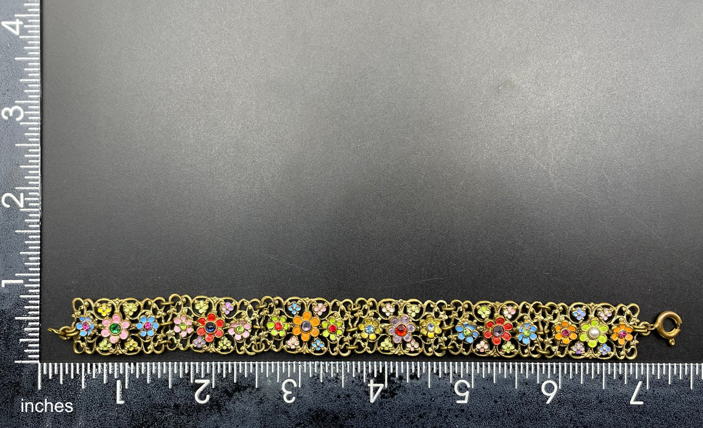 Vintage Art Deco Czech gold tone filigree, multicoloured glass rhinestone and cold painted enamel panel bracelet