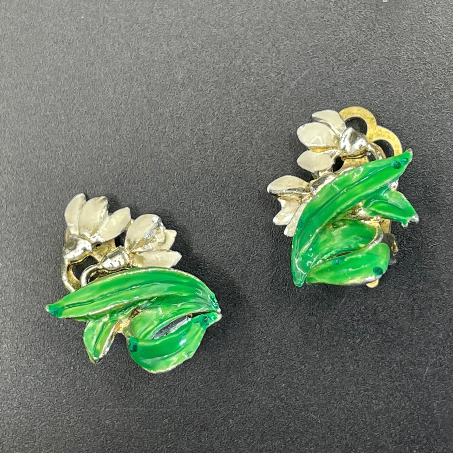 Vintage signed Exquisite snowdrop clip earrings, birthday flower series, pale gold tone, hand-painted enamel, month of January