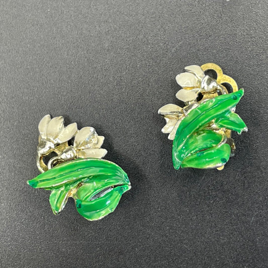 Vintage signed Exquisite snowdrop clip earrings, birthday flower series, pale gold tone, hand-painted enamel, month of January