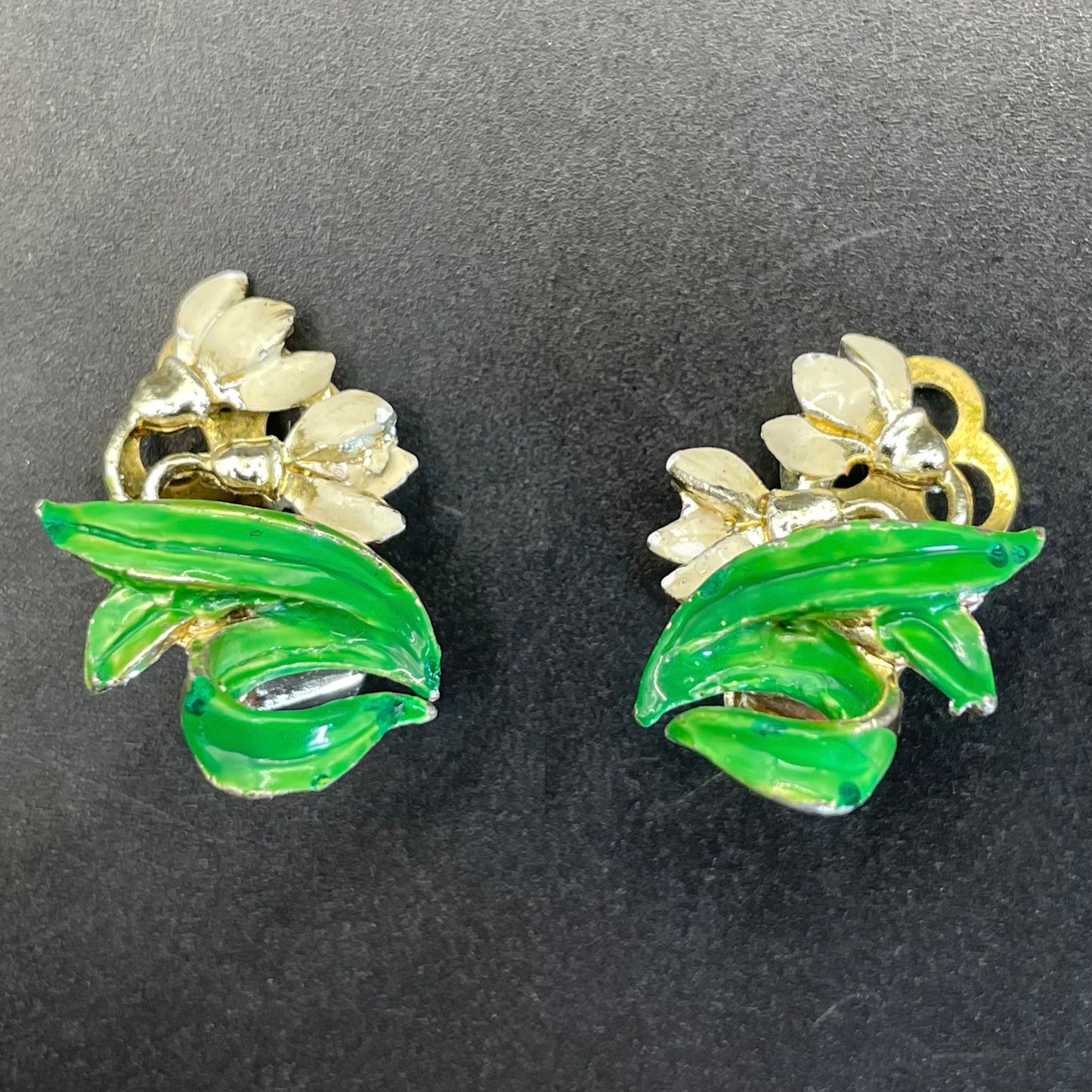 Vintage signed Exquisite snowdrop clip earrings, birthday flower series, pale gold tone, hand-painted enamel, month of January