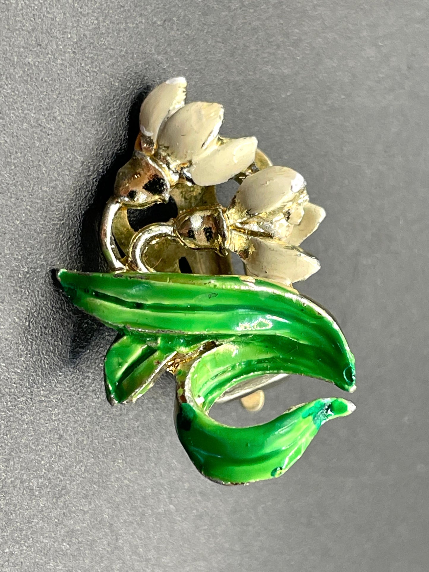 Vintage signed Exquisite snowdrop clip earrings, birthday flower series, pale gold tone, hand-painted enamel, month of January