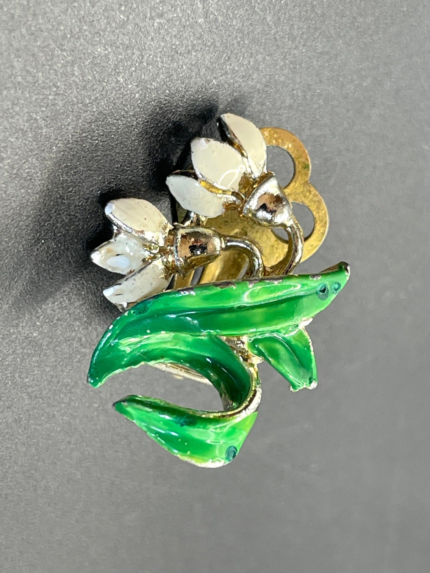 Vintage signed Exquisite snowdrop clip earrings, birthday flower series, pale gold tone, hand-painted enamel, month of January