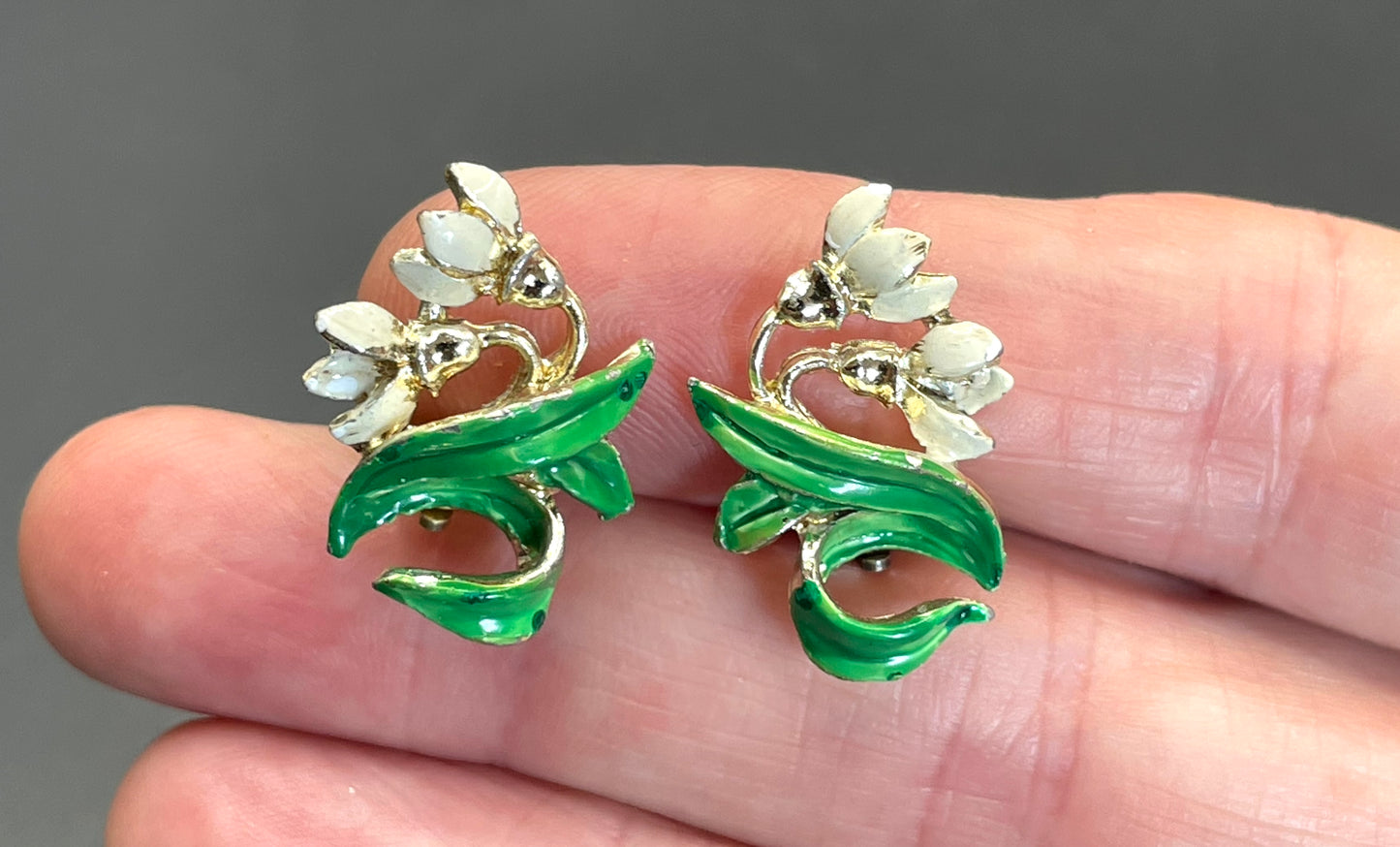 Vintage signed Exquisite snowdrop clip earrings, birthday flower series, pale gold tone, hand-painted enamel, month of January