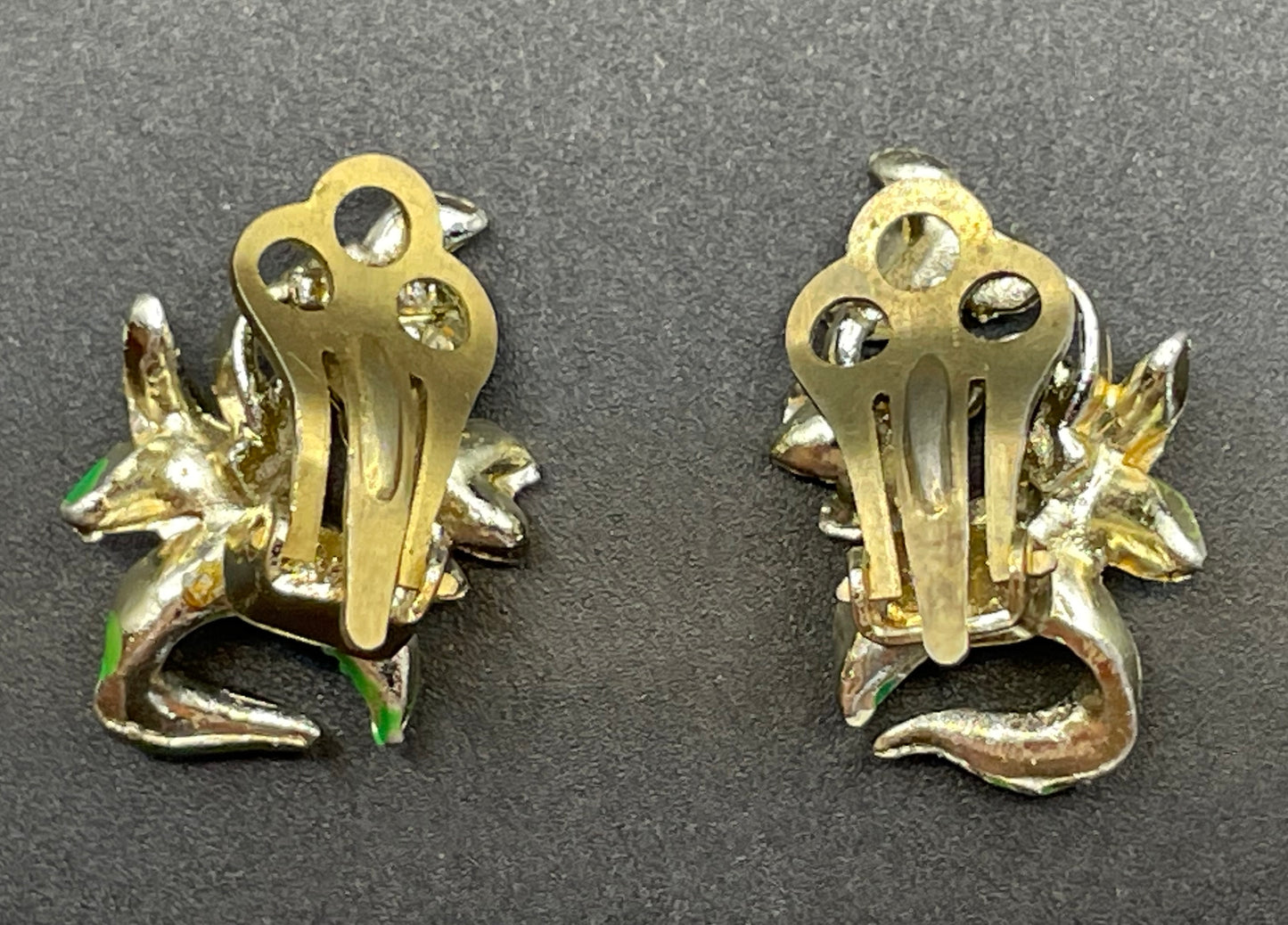Vintage signed Exquisite snowdrop clip earrings, birthday flower series, pale gold tone, hand-painted enamel, month of January